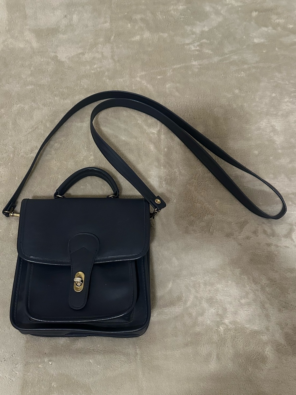 Vintage 90s Minimalist Blue Top Handle Crossbody Bag •Structured Brass Turnlock